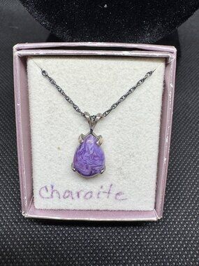 ✨ Vintage Charoite Teardrop Pendant Necklace – Sterling Silver Purple Gemstone ✨